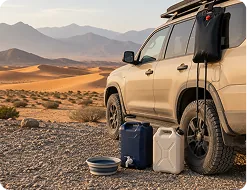20 L water canister, solar shower bag and jerry can beside a 4x4 in the Omani desert