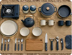 Camping kitchen box contents laid out: stove, pots, cutlery, kettle