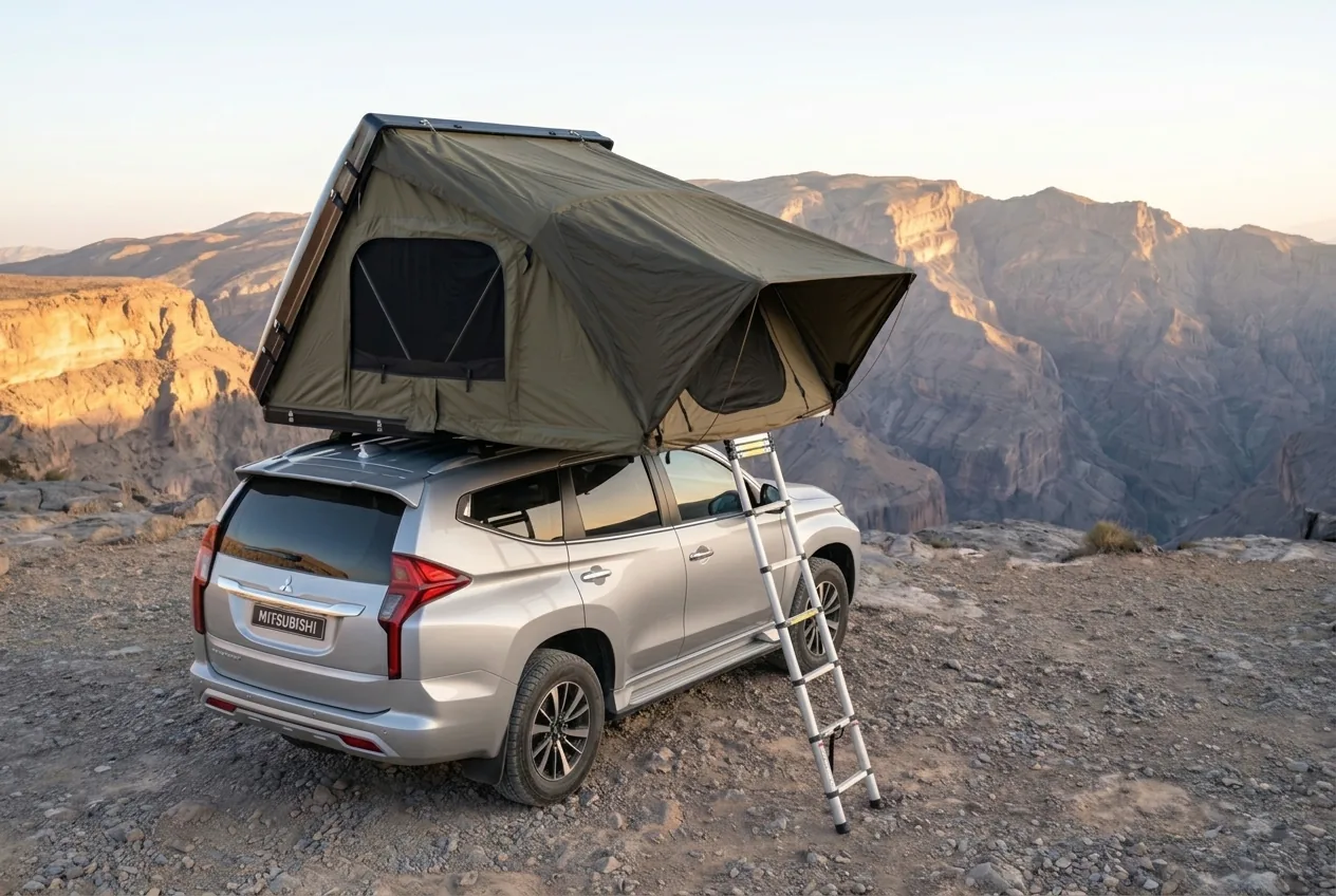 Mitsubishi Montero with its roof tent open on a mountain ridge